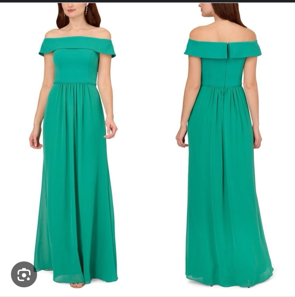 Adrianna Papell Women's Green Off The Shoulder Crepe Chiffon Gown Size 12 NWT